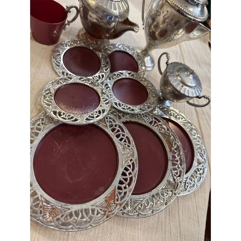Vintage Silver Tone Tea Coffee Set Burgundy Red Plates Plastic Kids play set